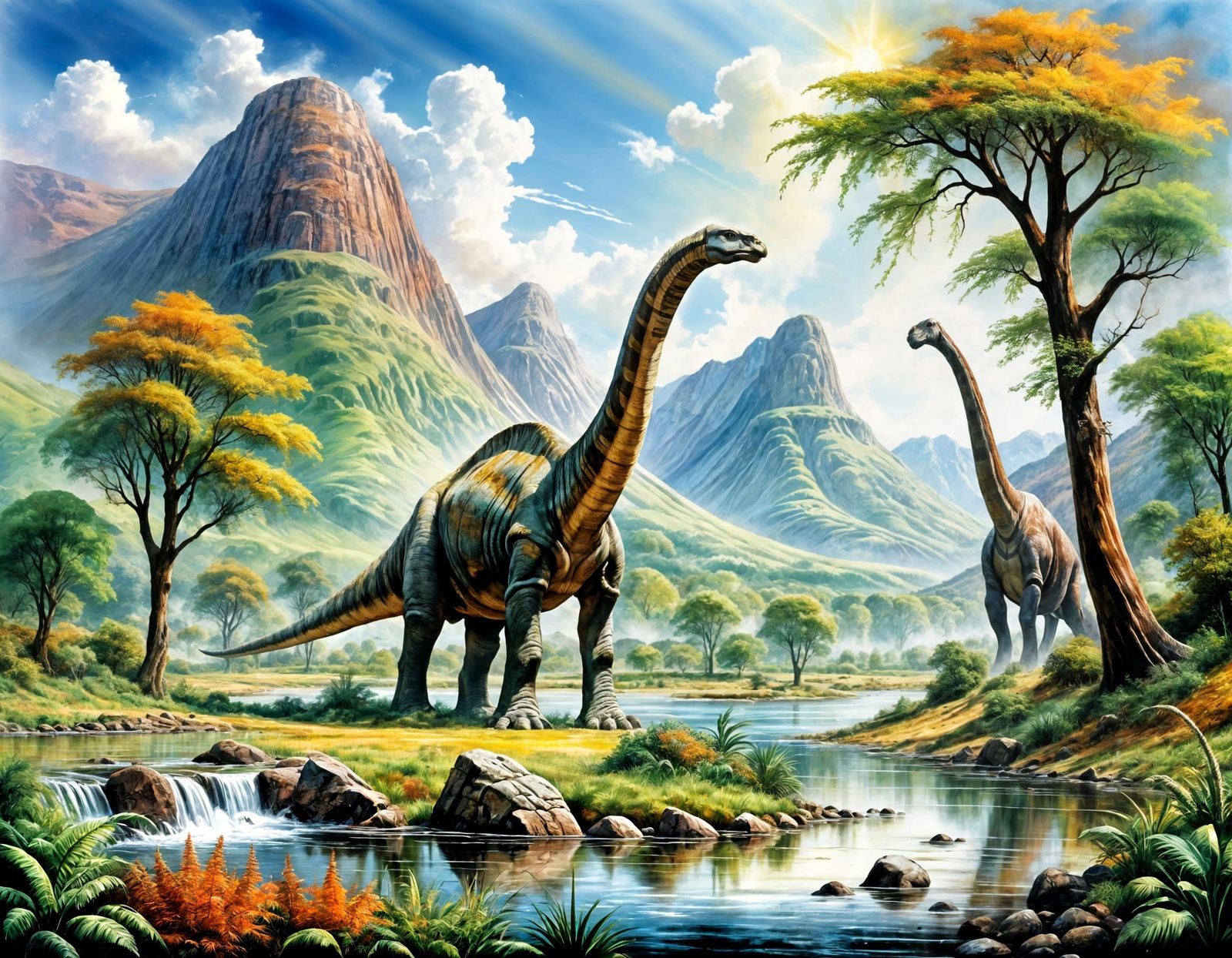 Brachiosaurus in Jurassic Landscape Painting