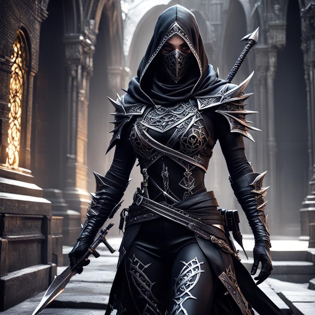 Female Assassin in Black Metal Outfit