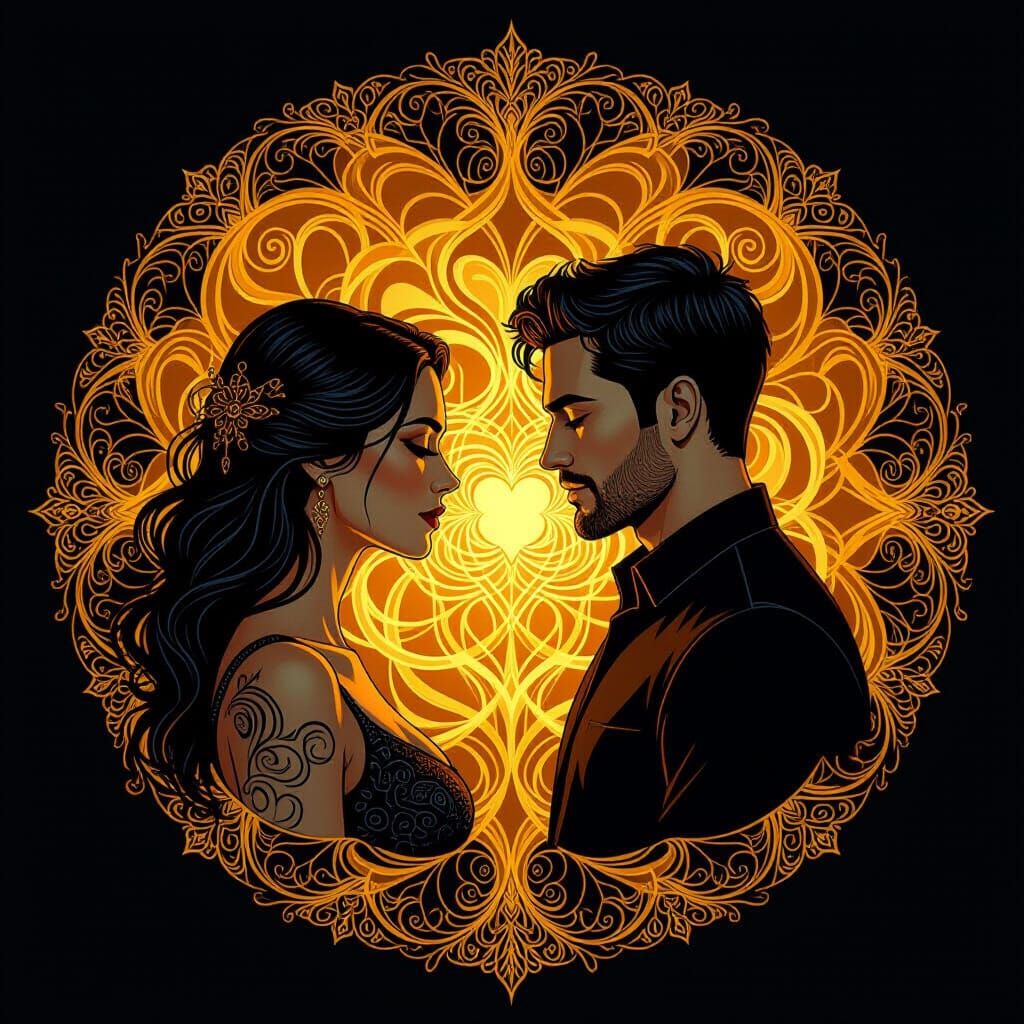 Heart Mandala of Fire and Shadow in Futuristic Style