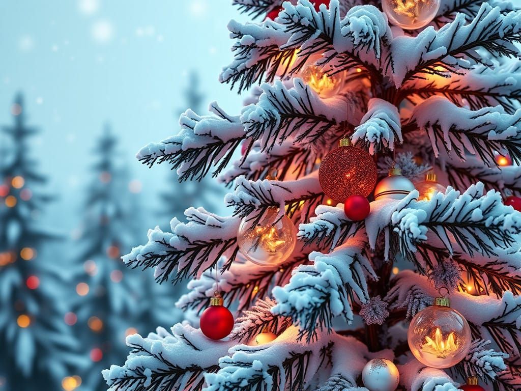 Majestic Snowy Pine Tree in Cyberpunk Christmas Style