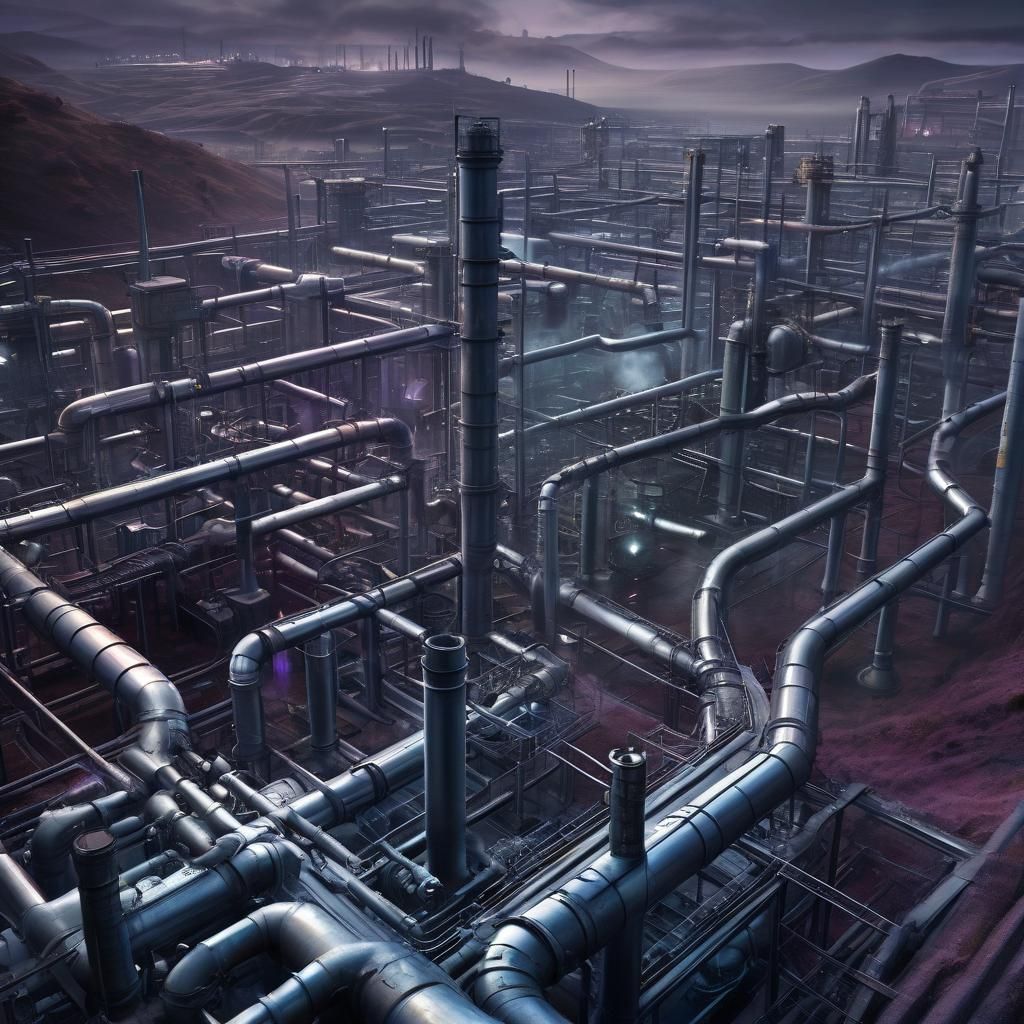 Surreal Industrial Valley with Chrome Pipes