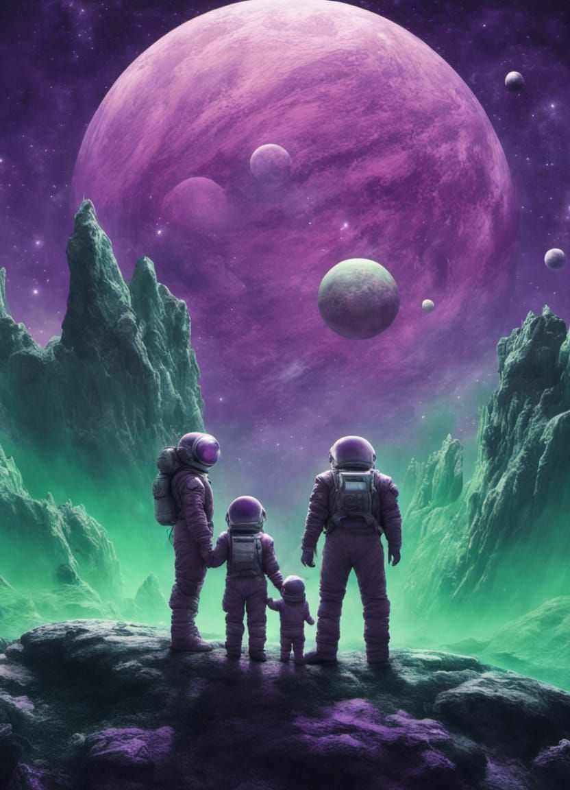 Family of Astronauts on Alien Planet, Digital Art