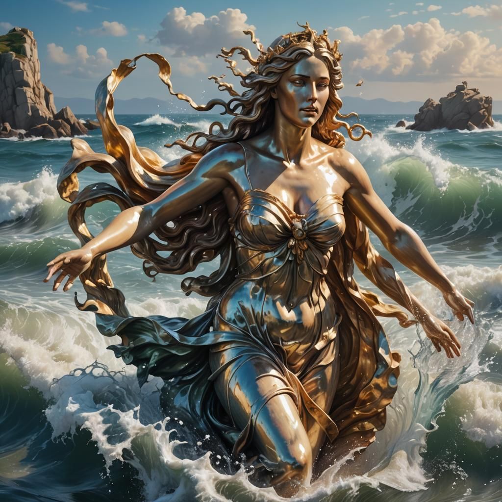 Aphrodite Statue Emerges from Sea in Hyperrealism