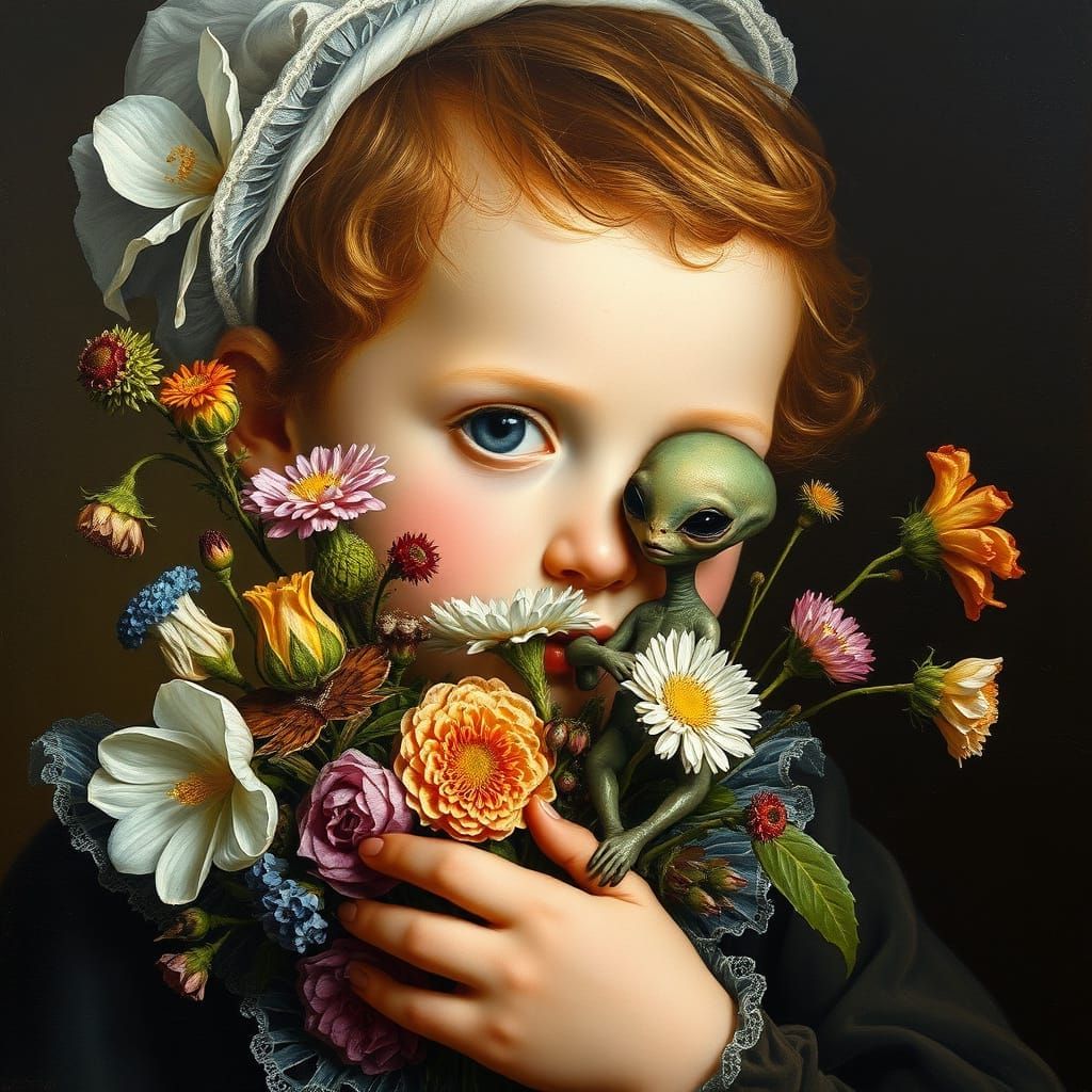 Ethereal Child with Alien Bouquet, Classic Painting