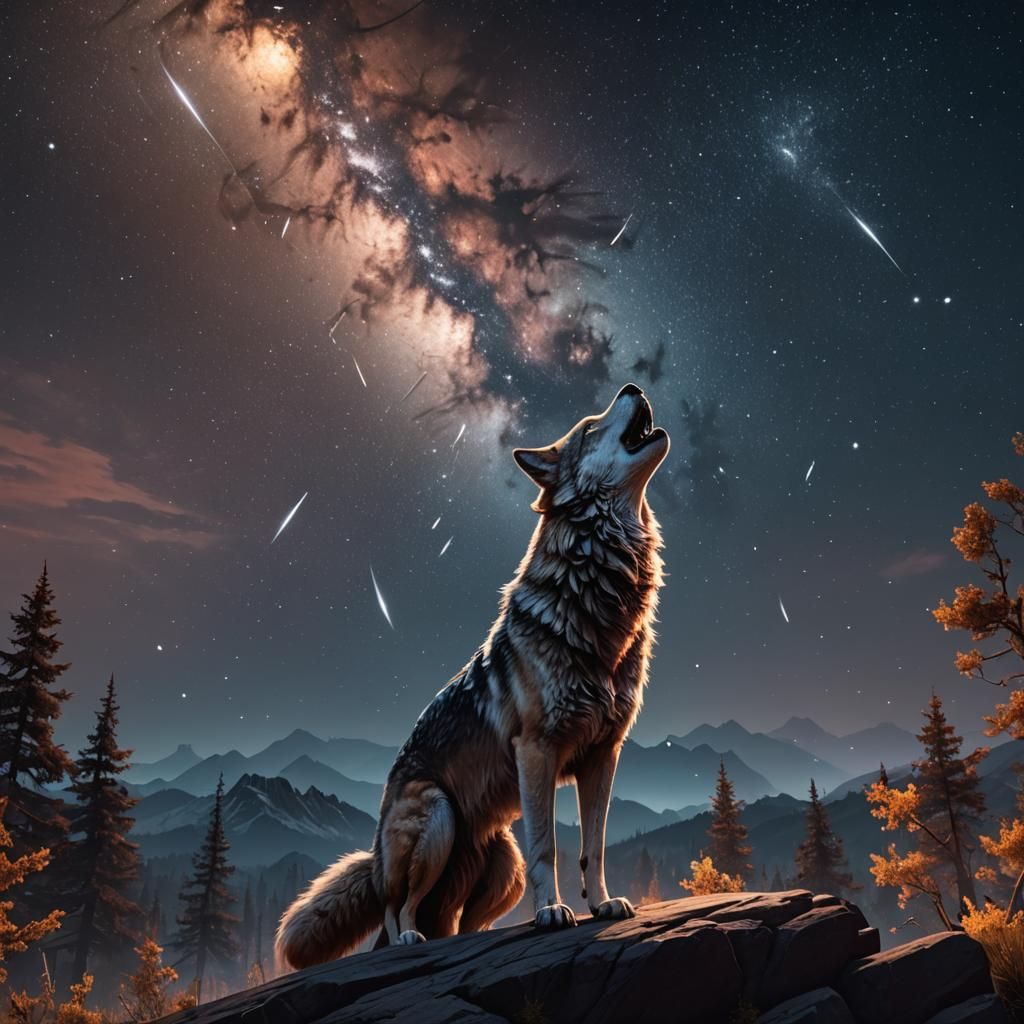 Wolf Howling at Moon Under Shooting Stars