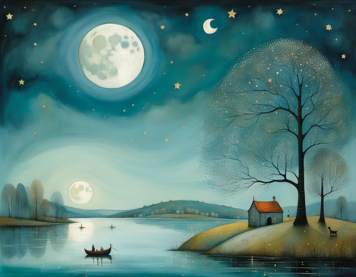 Magical Silvery Lake Under Moonlight Illustration