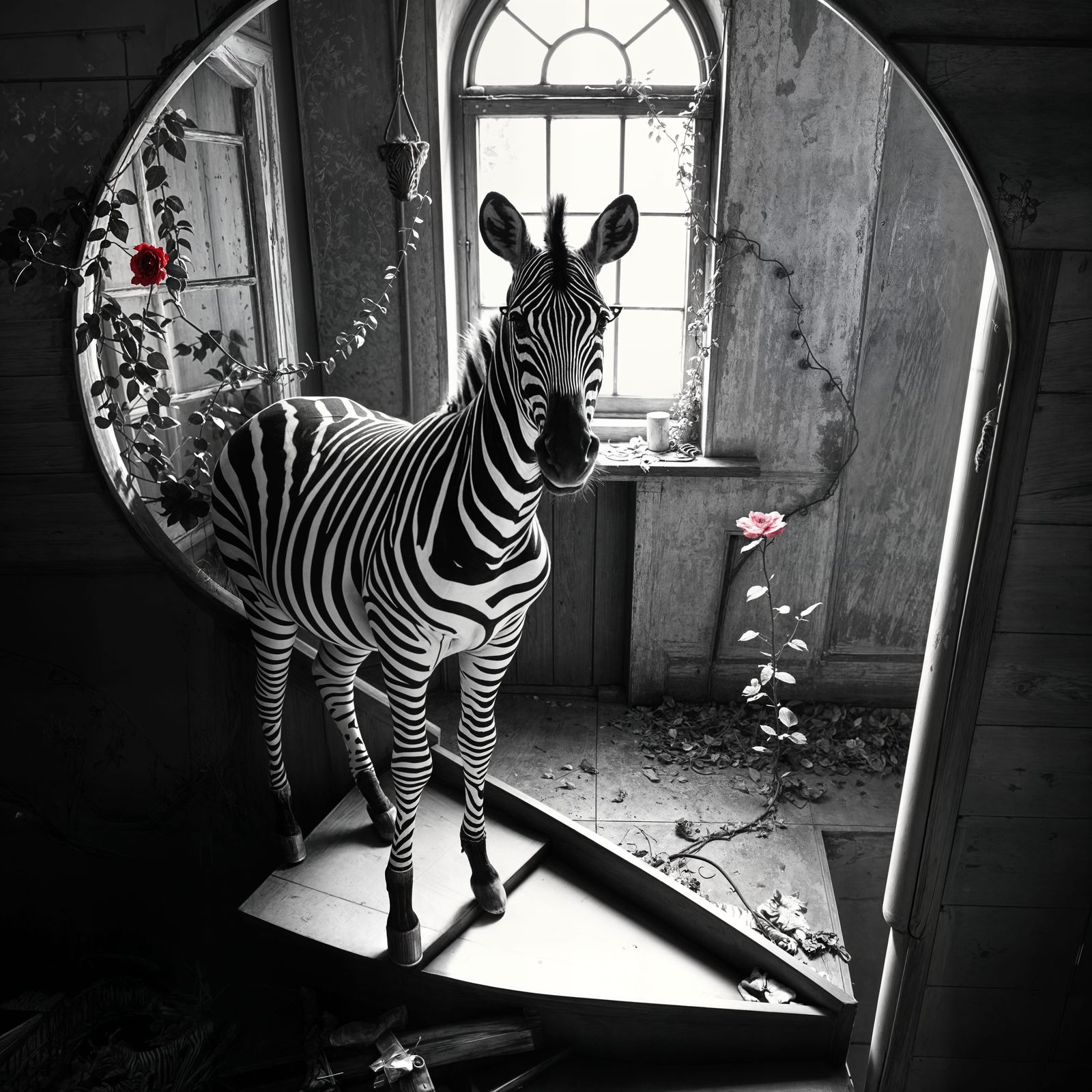 Zebra Ascends an Elegant Black and White Spiral Staircase