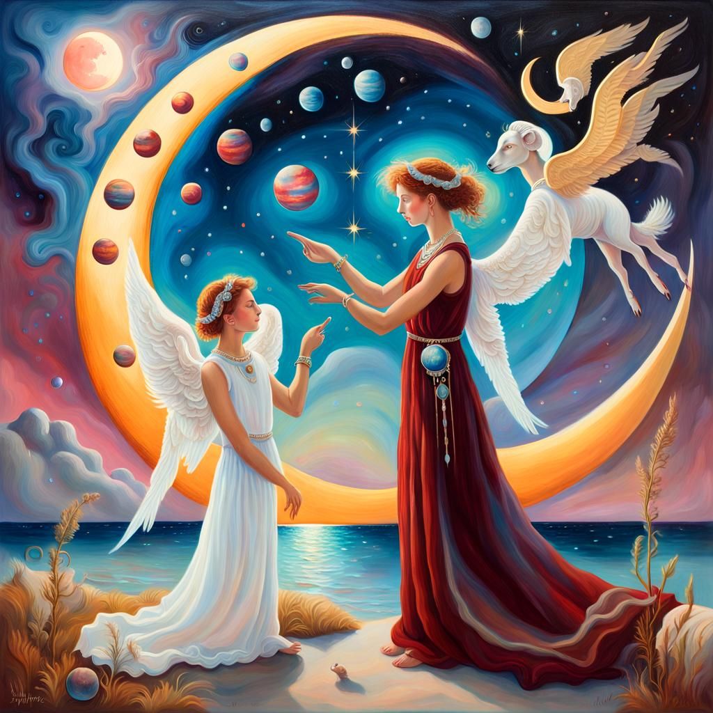 Angels Pointing to Earth: Surreal Oil Painting