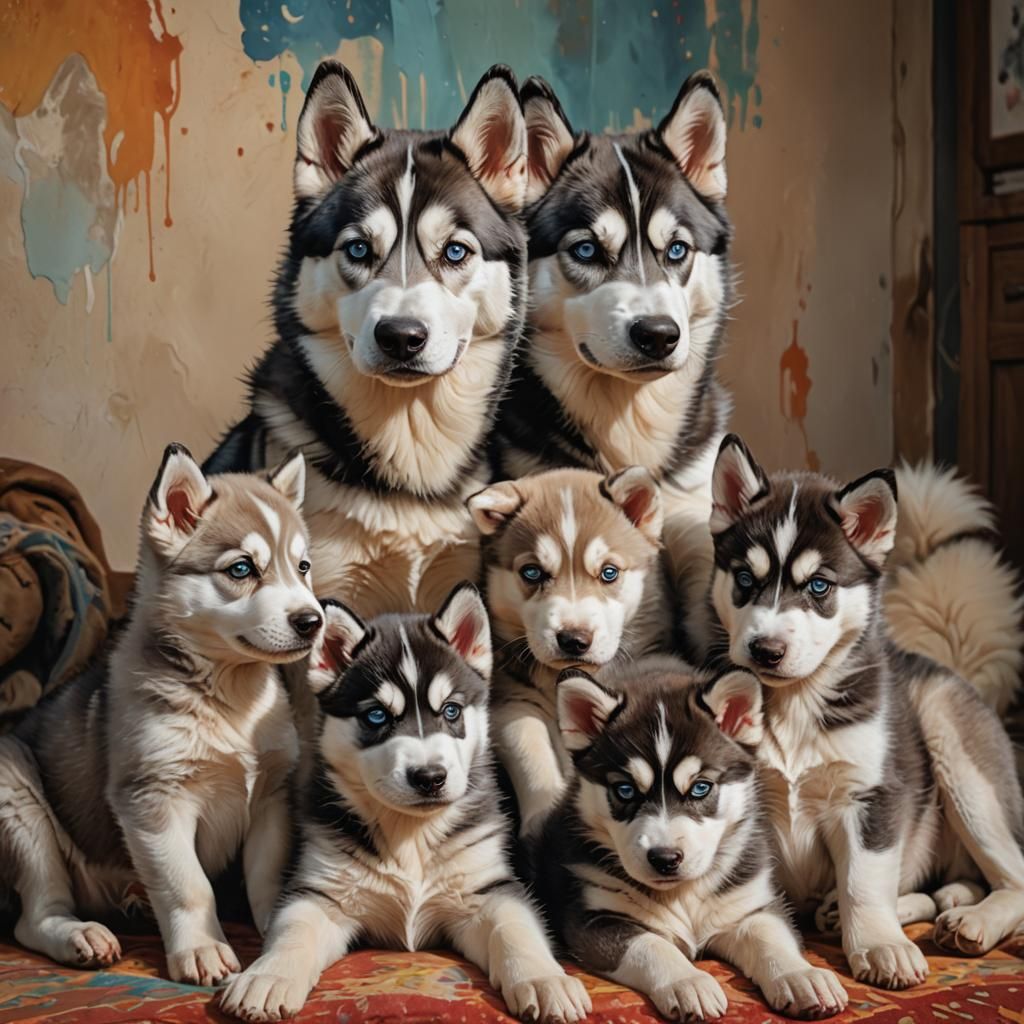 Husky Family in Cozy Room: Hyperrealistic Splash Art