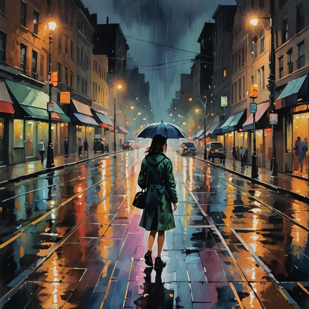 Rainy Street Scene in Impressionist Gouache Style