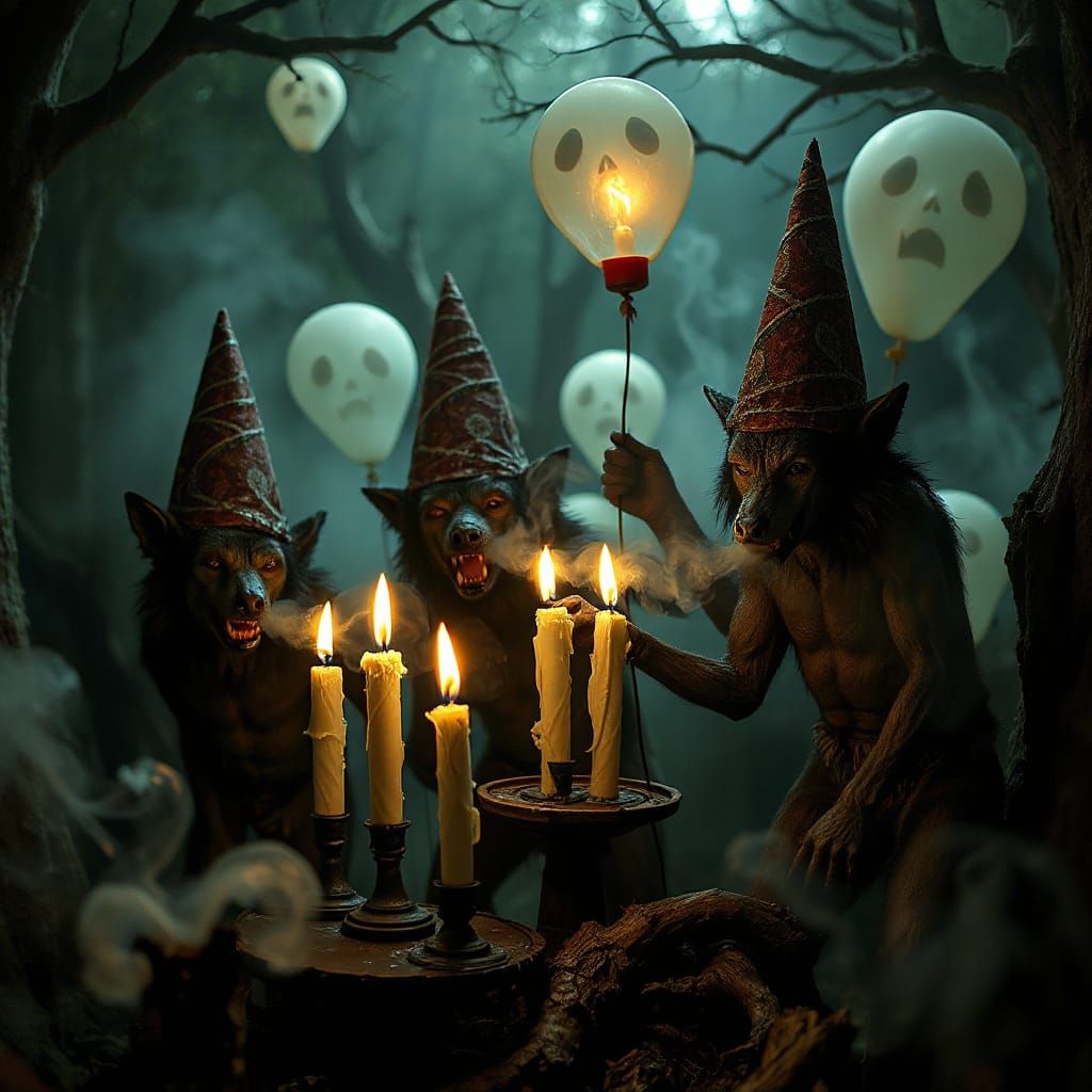 Werewolves with Cone Hats Huffle Ghostly Candles in Dark For...