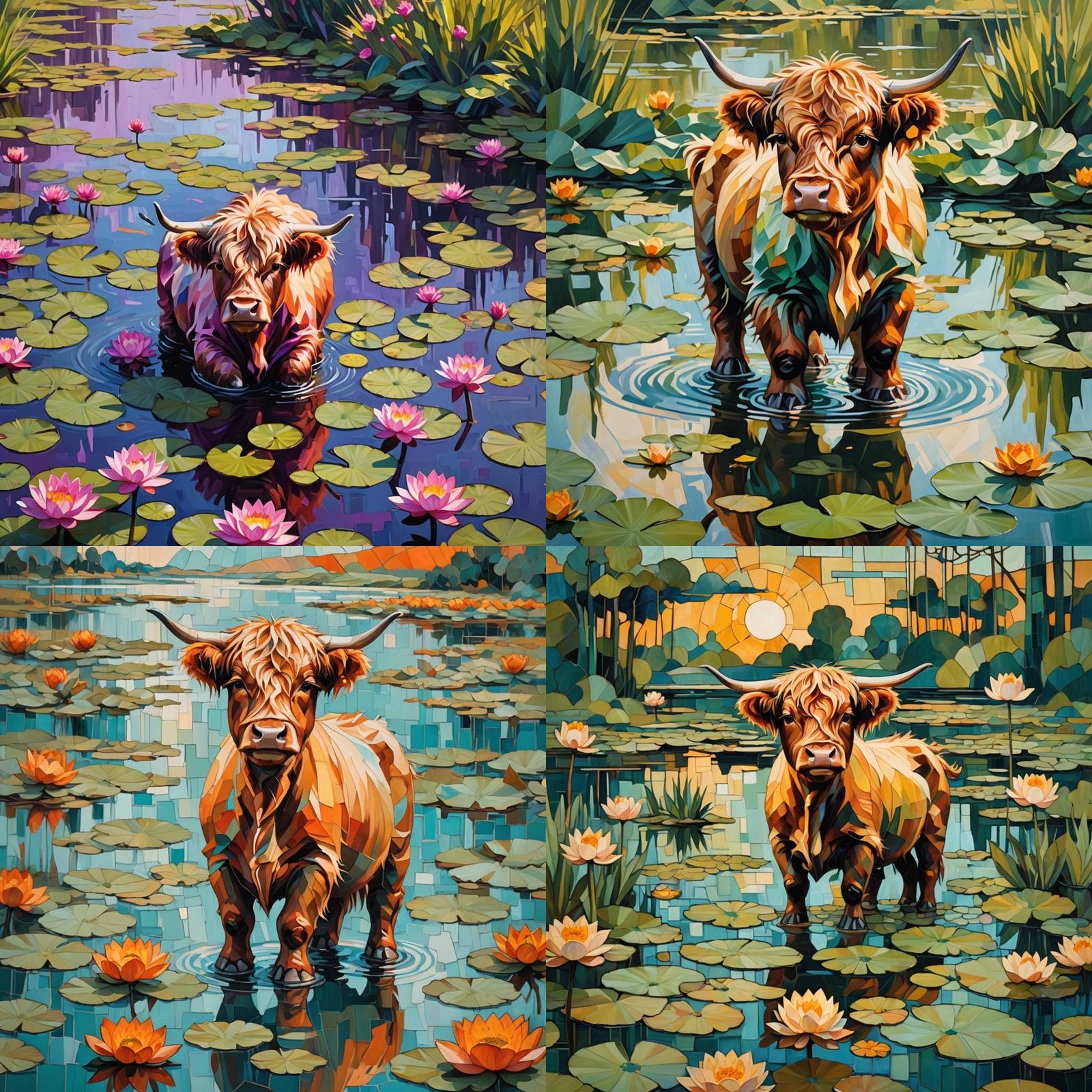 Highland Cow in Lotus Pond: Cubist Art Deco