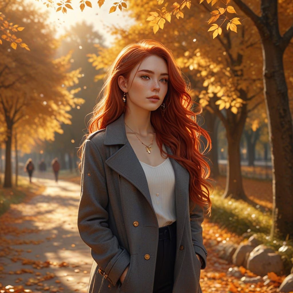 Fashionable Red-Haired Woman in Autumn Sunlight