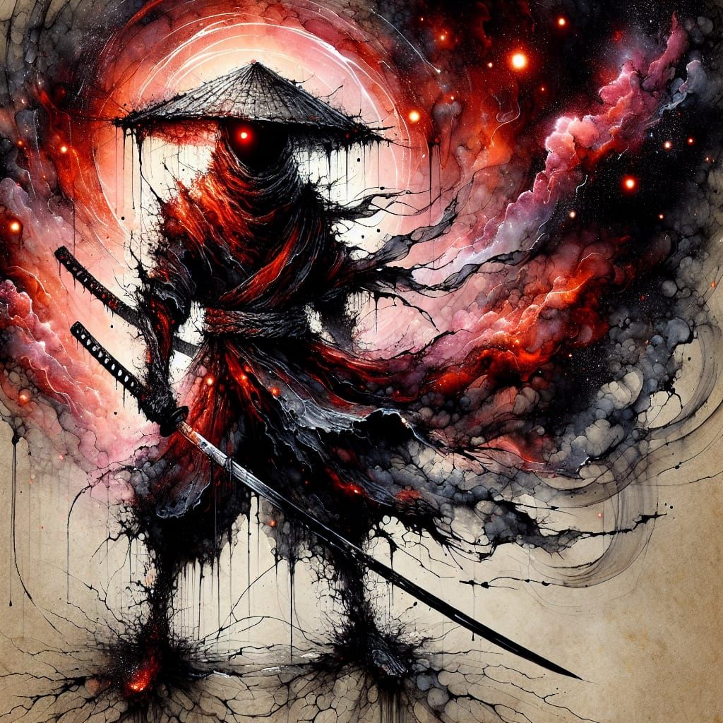 Crimson Swordsman in Japanese Ink Style