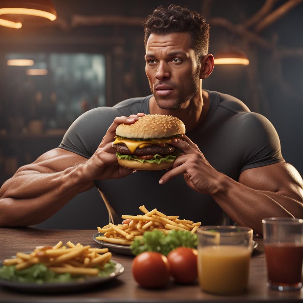 Fitness Model's Cheeseburger: Detailed Matte Painting
