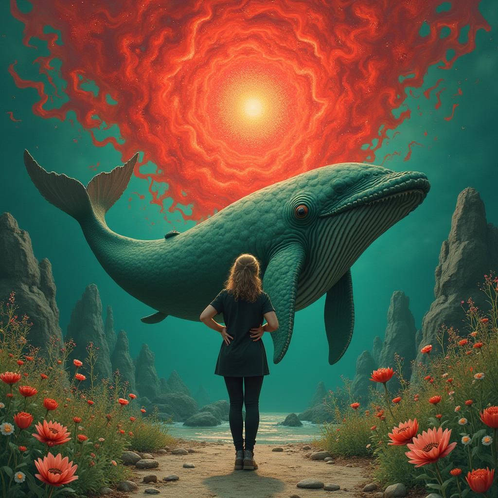 Caregiver with Green Whale in Vibrant Emotive Style