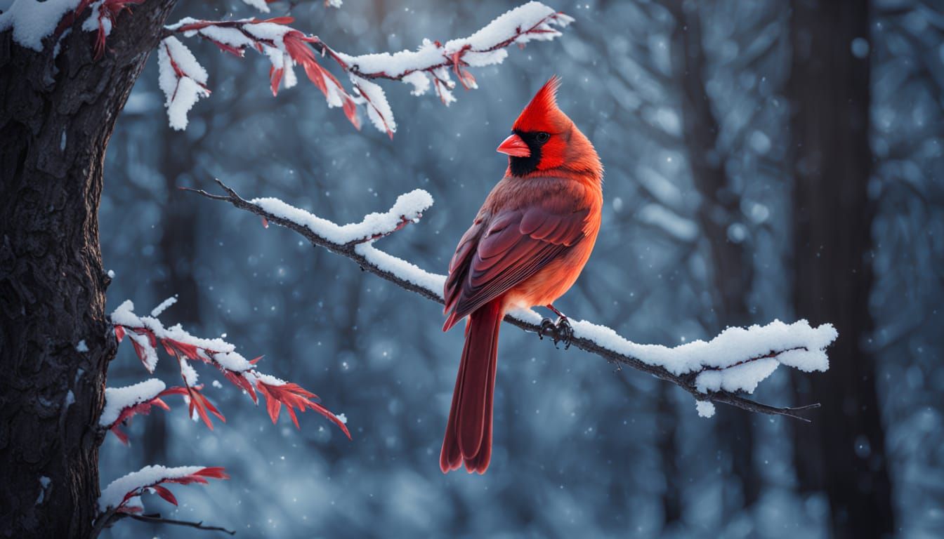 Vibrant Oil Painting of a Cardinal on Snowy Branch