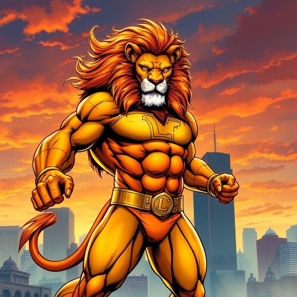 Lion Superhero in Cityscape, Comic Book Art