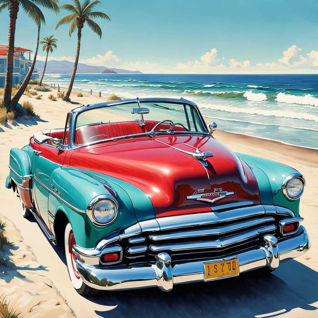 A cherry red 1950s Chevrolet convertible