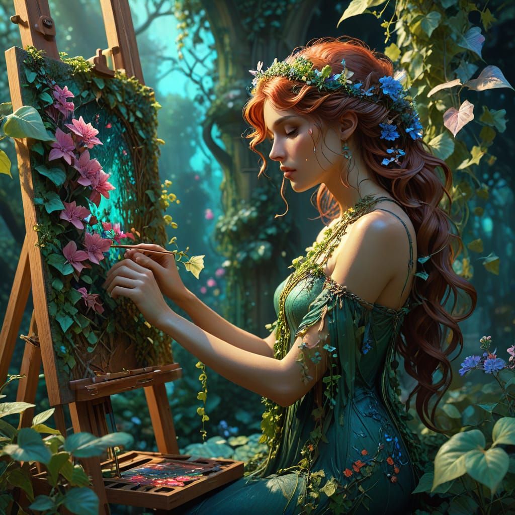 Dryad Touches Magical Floral Painting, Fantasy Concept Art