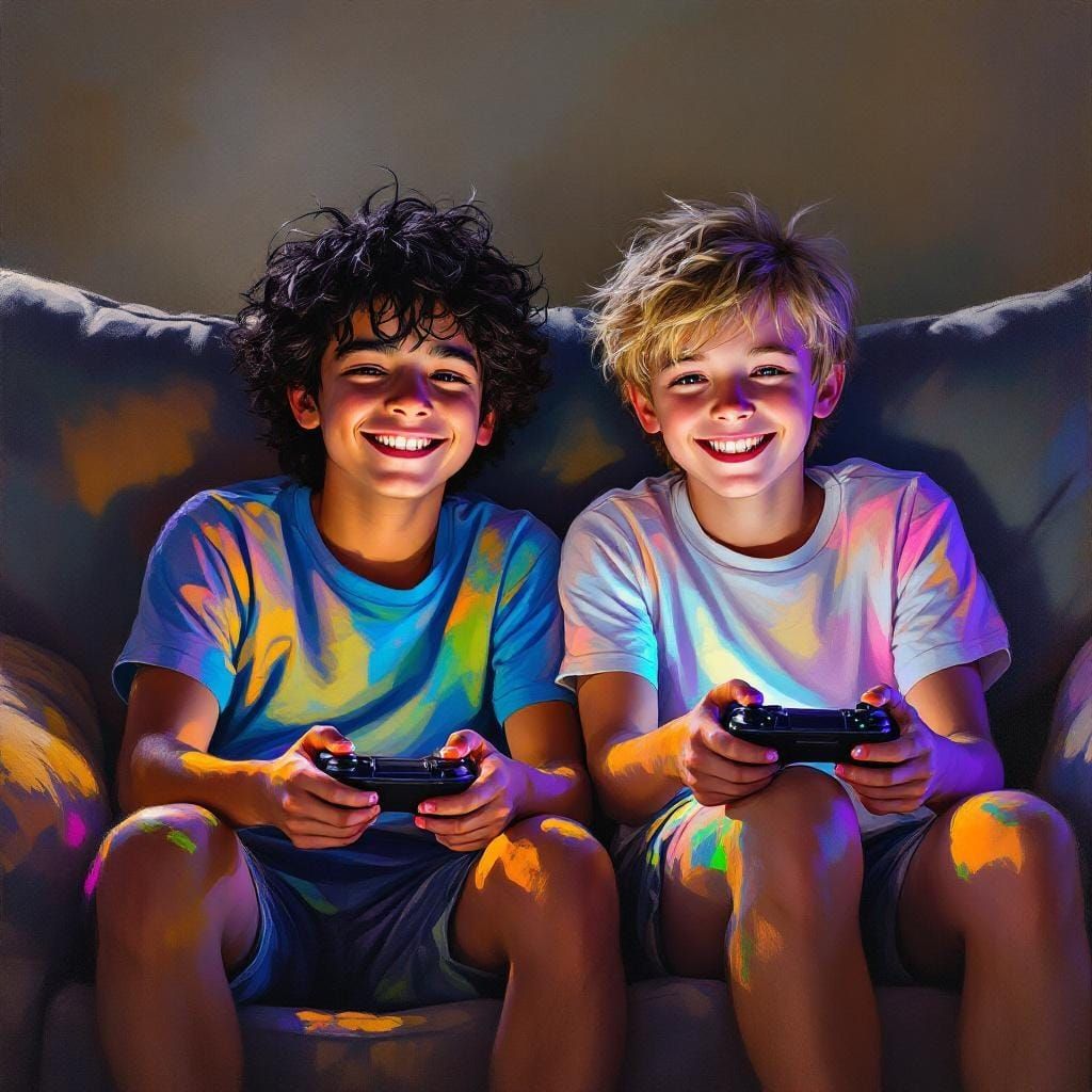 Boys Gaming: Impressionistic Oil Painting of Friendship