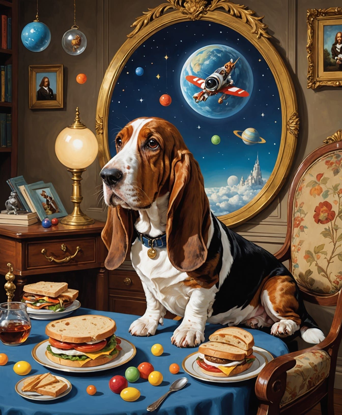 Regal Basset Hound in Royal Portrait and Steampunk Alien