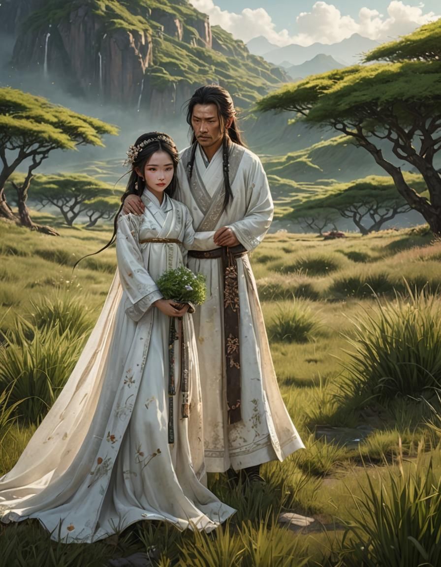 Chinese Couple in White Hanfu on Grassy Meadow