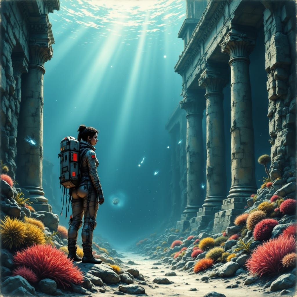 Ethereal Girl Explores Sunken City in Sci-Fi Style