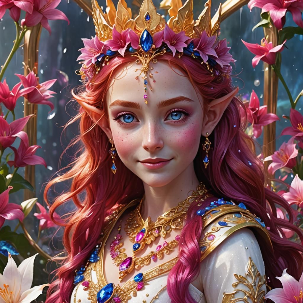 Elven Child with Red Hair and Lily Crown