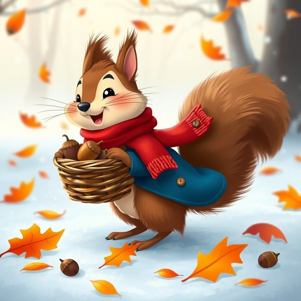 Cute Cartoon Squirrel in Scarf and Coat with Acorn Basket