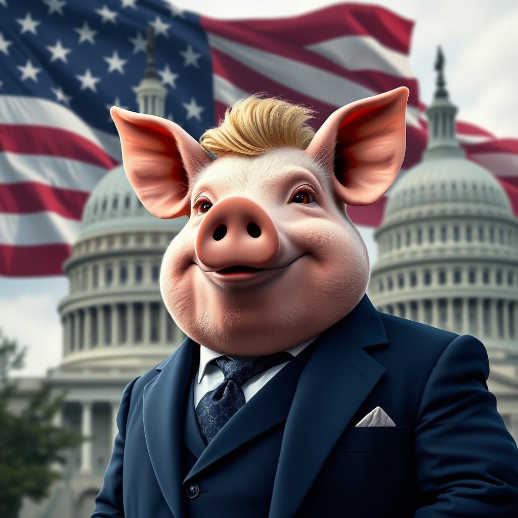 Charismatic Pig in Navy Suit Stands Proud in Front of the Am...