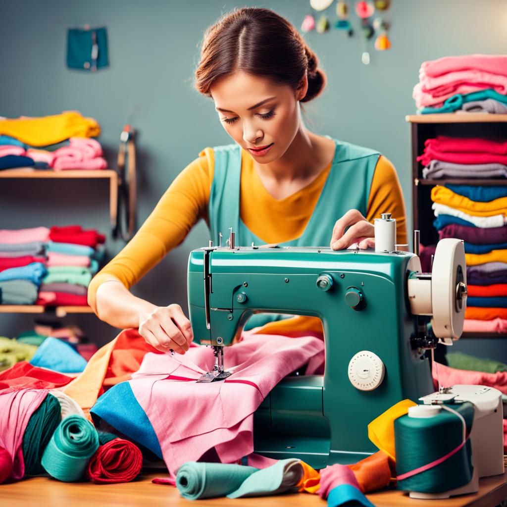 Woman Sewing Clothes at Overlocker Machine