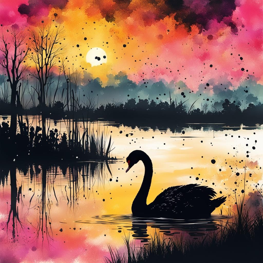 Black Swan Sunset in Ink Splatter Style