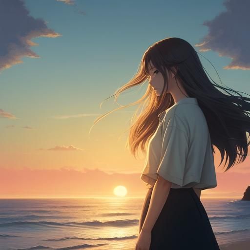 Girl Watching Sunset: Surreal Anime Key Visual