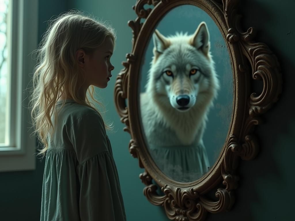 Girl and Wolf Reflection in Hyperrealistic Style
