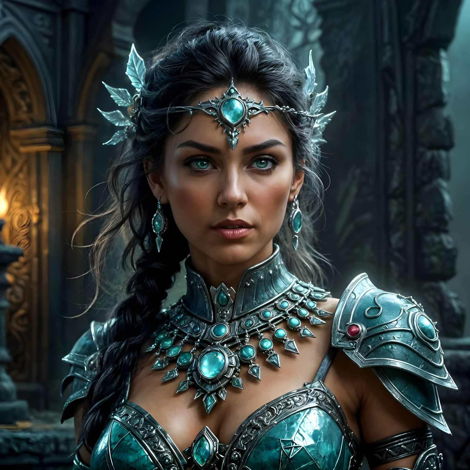 Epic Fantasy Goddess in Green Sacred Crown, Amazonite Armor,...