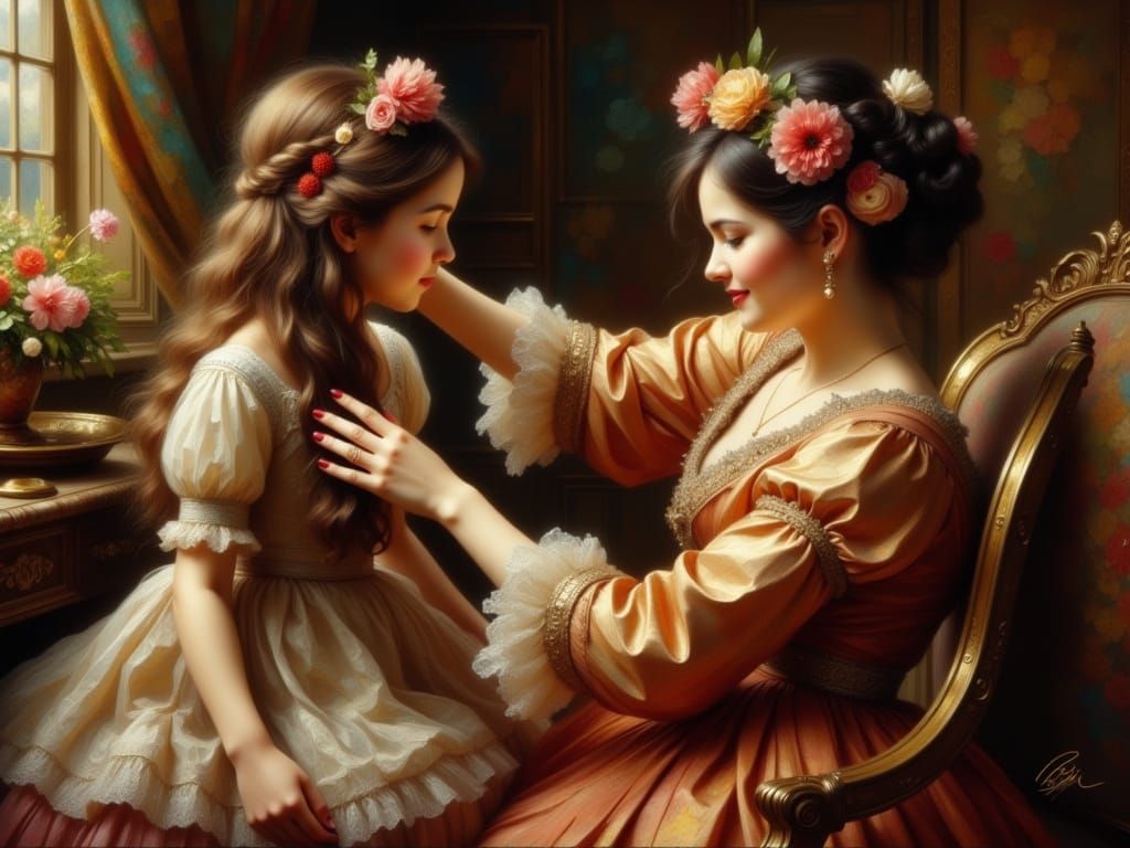 Elegant Mother Tenderly Brushes Daughter's Hair in Warm Gold...