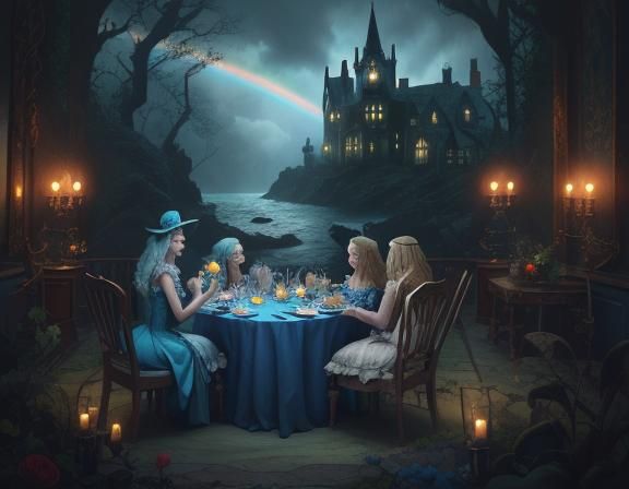 Surreal Tea Party on Haunted Island: Digital Art