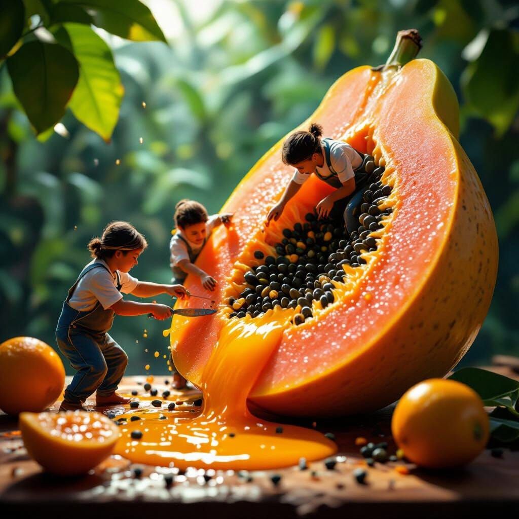 Tiny People Slice Giant Papaya, Juice Spills