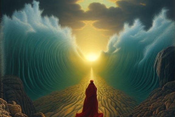 Moses Parts the Red Sea: Hyper-Detailed Scene
