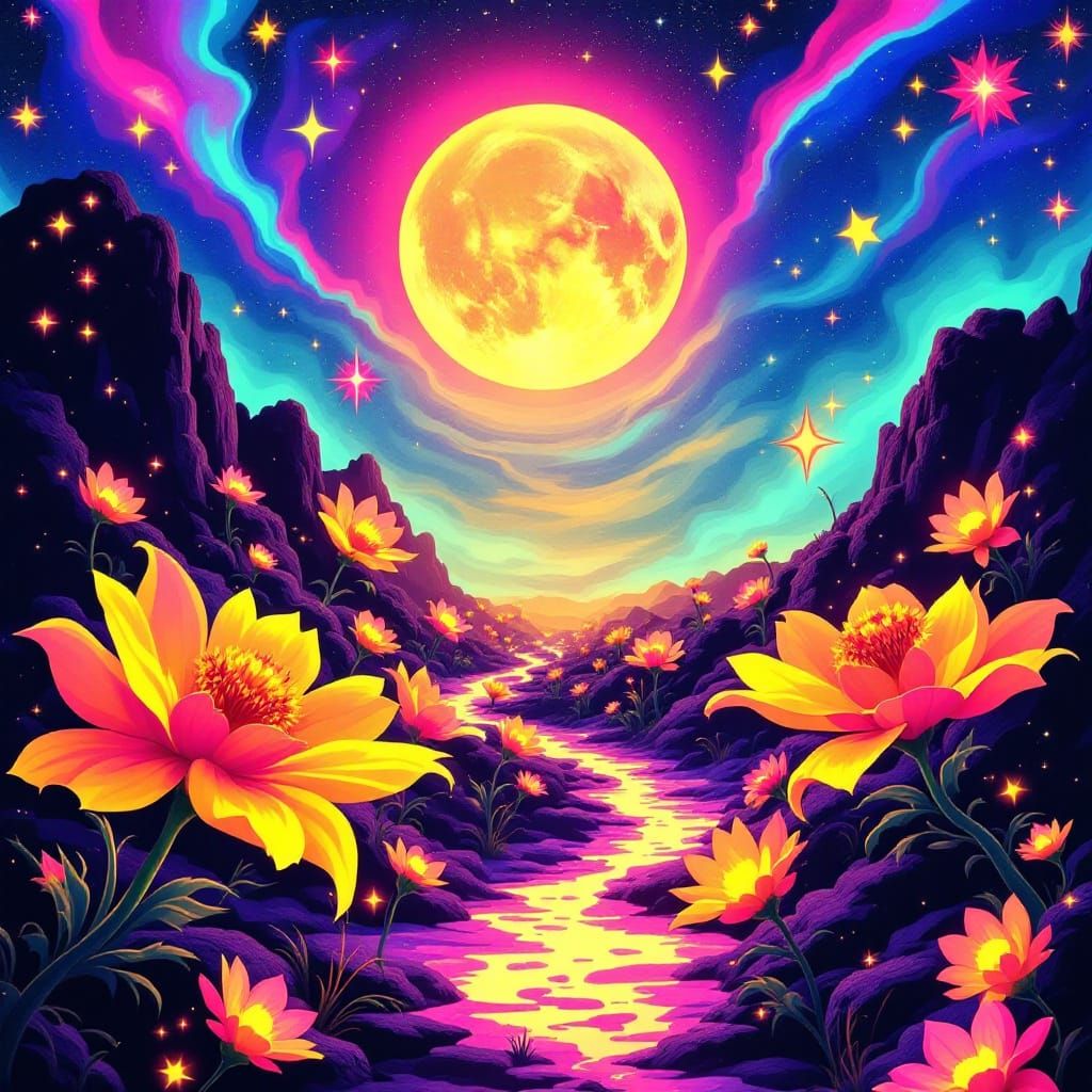 Groovy 60s Cosmic Moon and Stars with Neon Glow