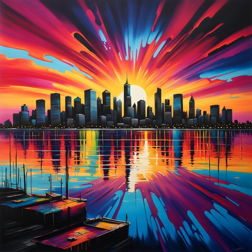 Colorful Cityscape Sunset in Graffiti Art Style