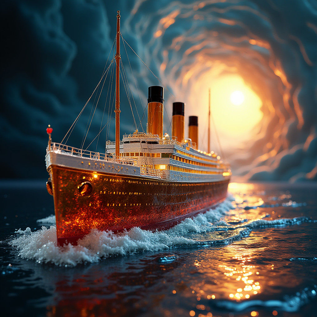 Glass Titanic Sculpture with Dramatic Lighting