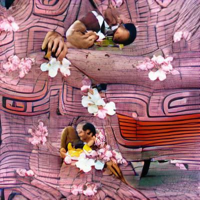 Samoan Couple Under Cherry Blossoms in 60s Style