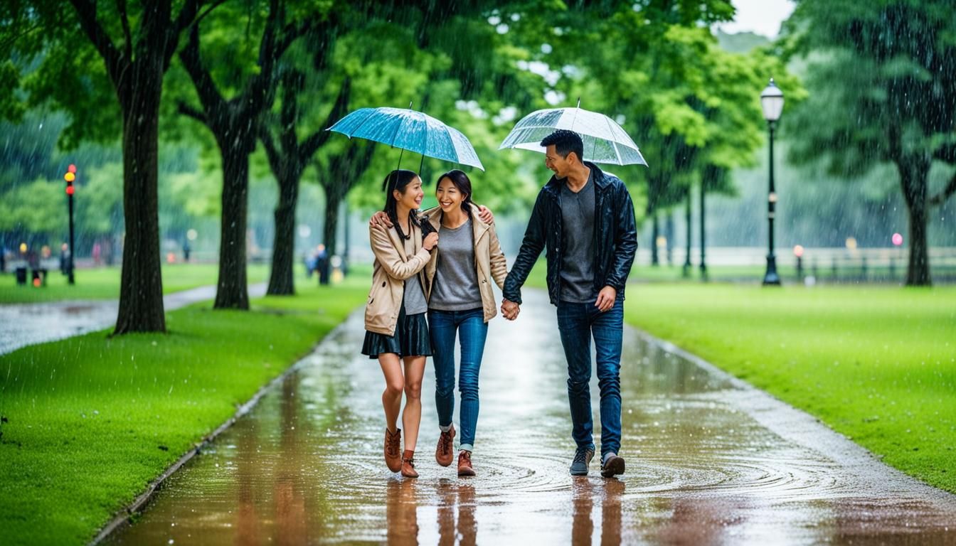 Romantic Couple Stroll in Rainy Park: Cinematic Realism