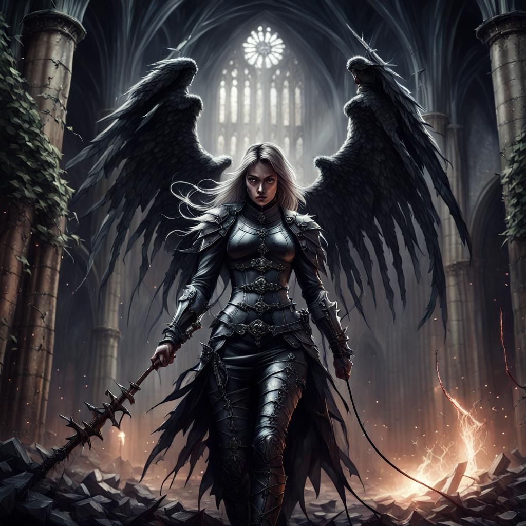 Gothic Angel in Ruined Cathedral with Whip