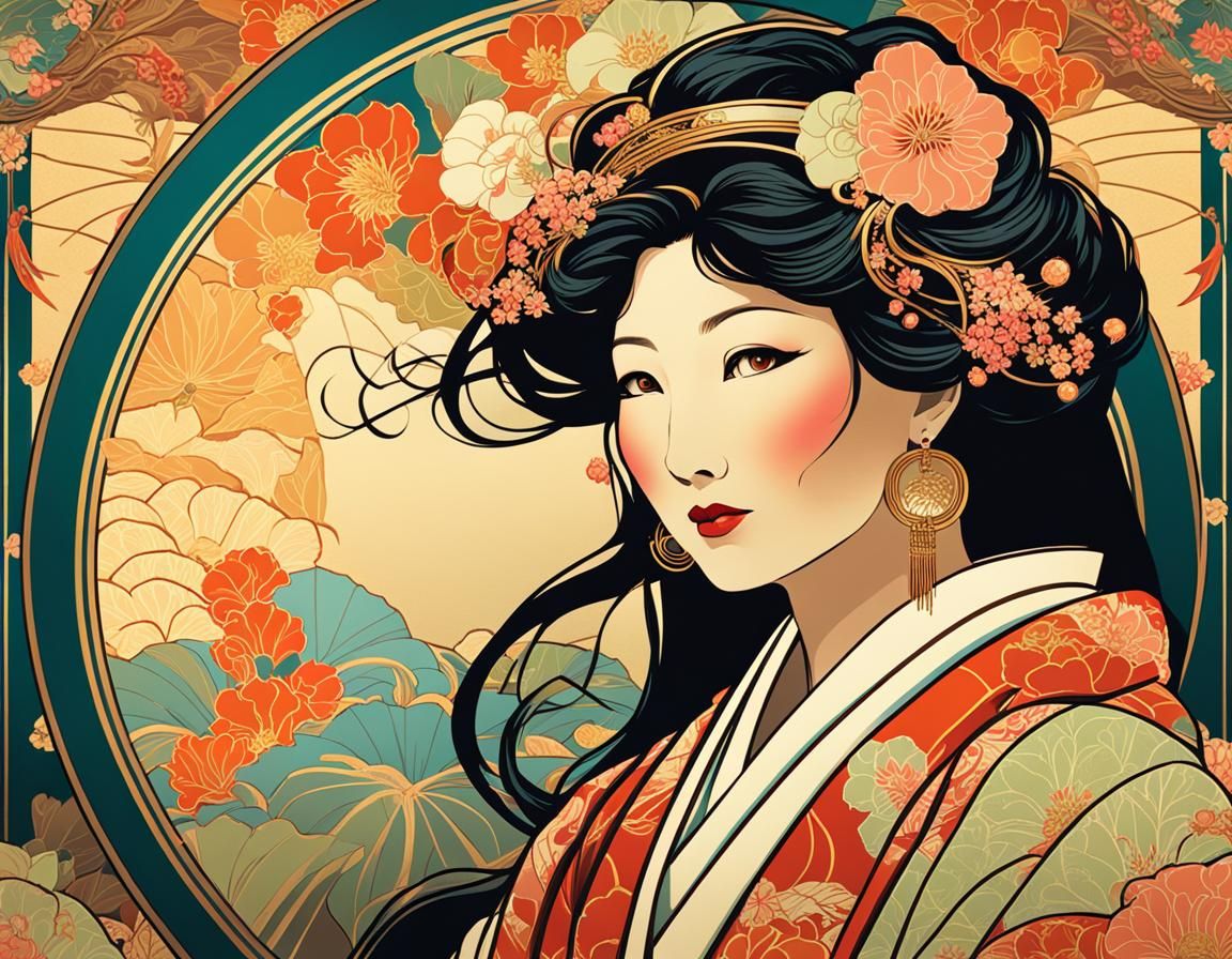 Elegant Japanese Woman in Art Nouveau Style