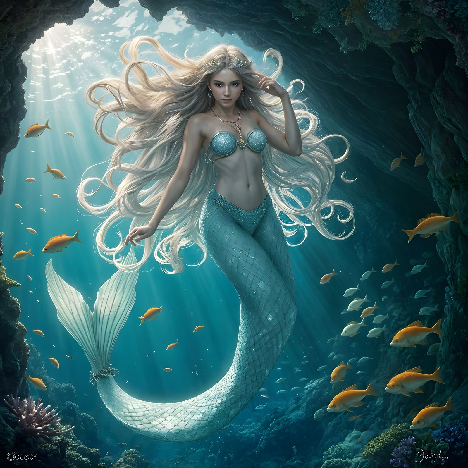 Bioluminescent Mermaid Emerging from Grotto, Art Nouveau Sty...