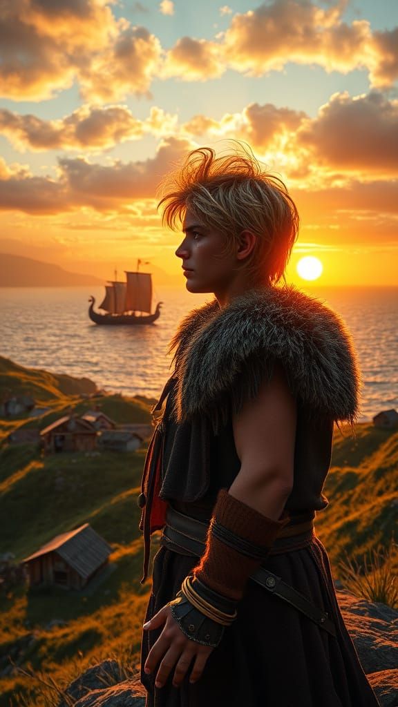 Viking Warrior Stands on Cliff, Coastal Village and Longship...