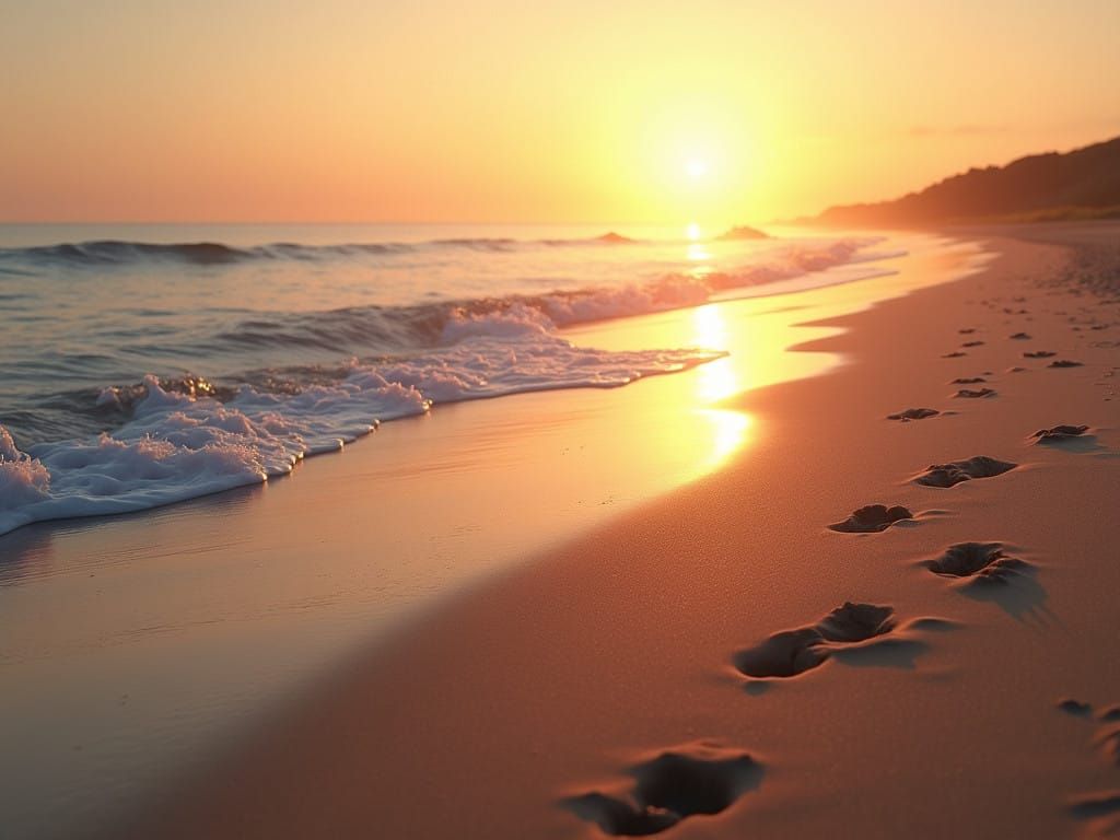 Serene Beach Sunrise with Golden Light and Hyper-Realistic D...